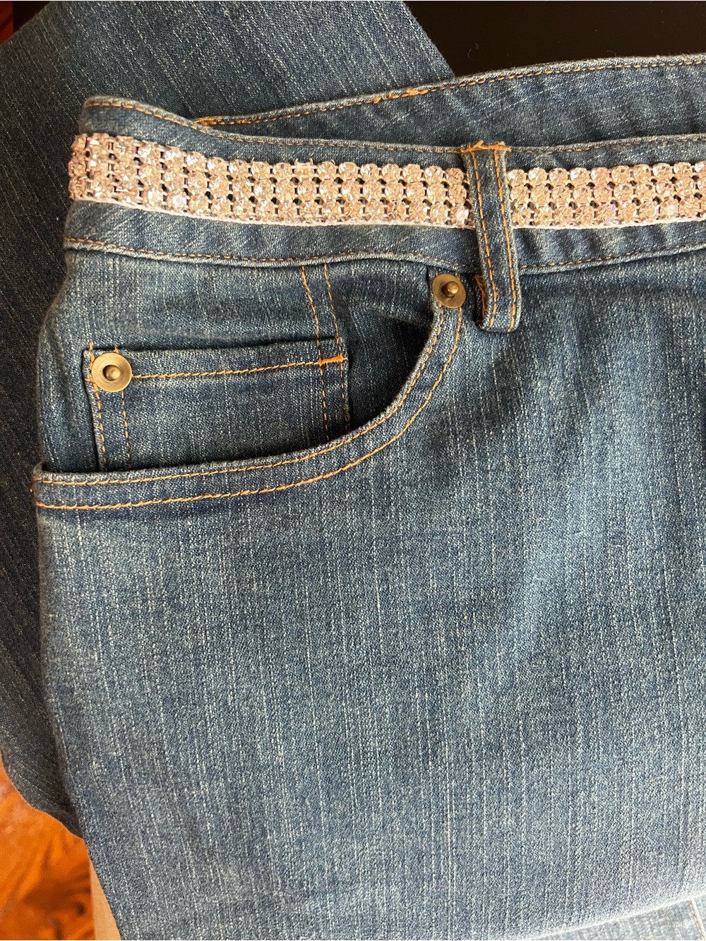 INC International Concepts Stretch Denim Flare Leg Jeans with Rhinestone Belt